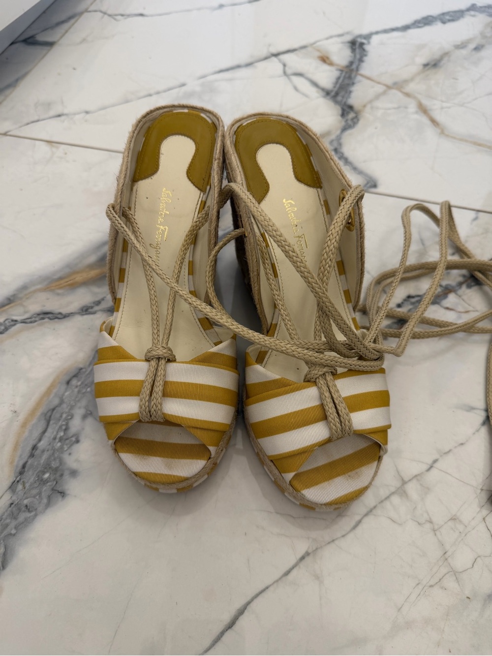 Salvatore Ferragamo Yellow and White Striped Espadrille Wedge Sandals
